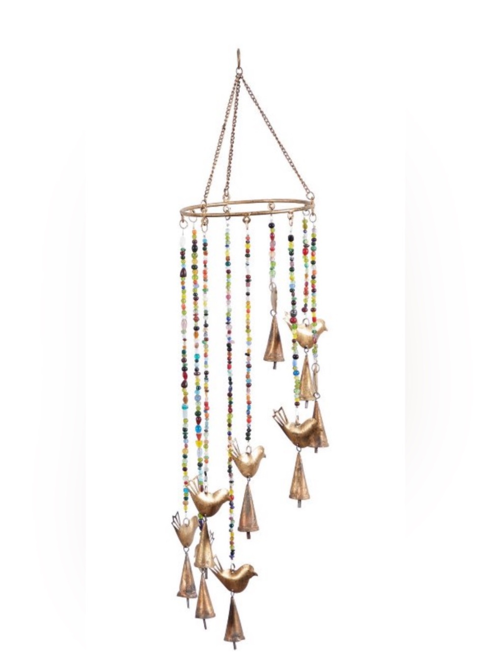 Gold Metal with Beaded Strands and Birds Wind Chime with Brass Bells